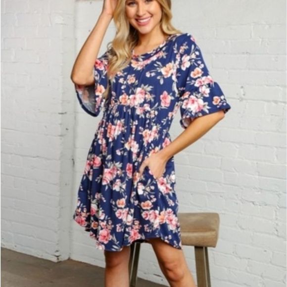 Navy Floral Bell Sleeve Swing Tunic Dress - Picture 2 of 4